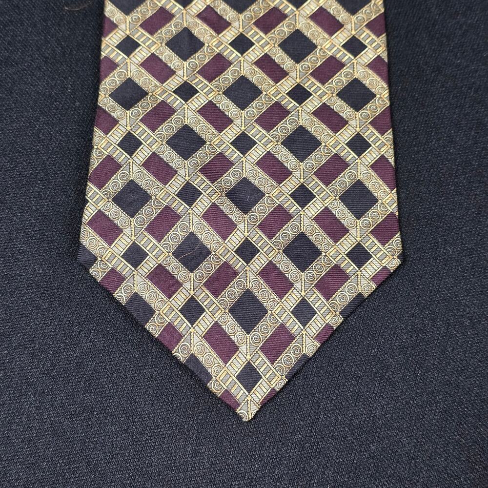 BERT PULITZER Men's Tie Burgundy Gold Navy Silk Geometric Ancient Madder